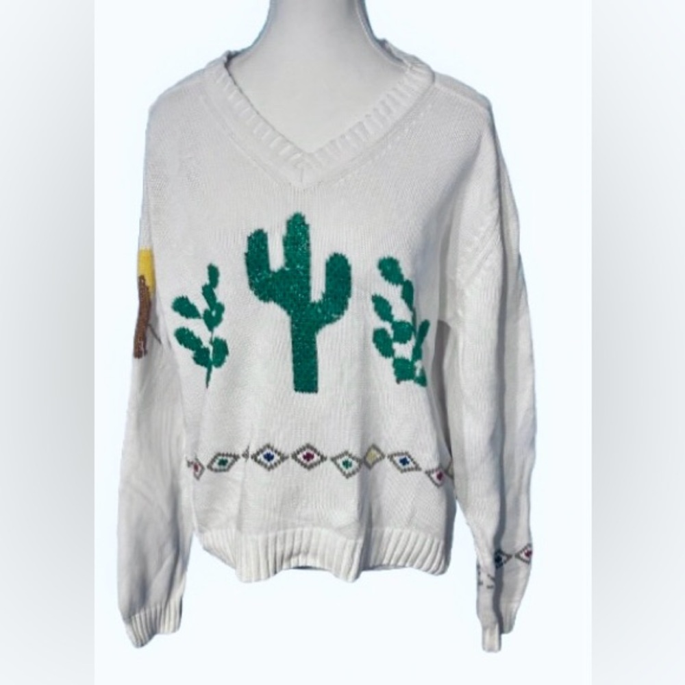 Cactus Wolf Moon 100% Cotton Southwest Sweater Embroidered Handmade Large